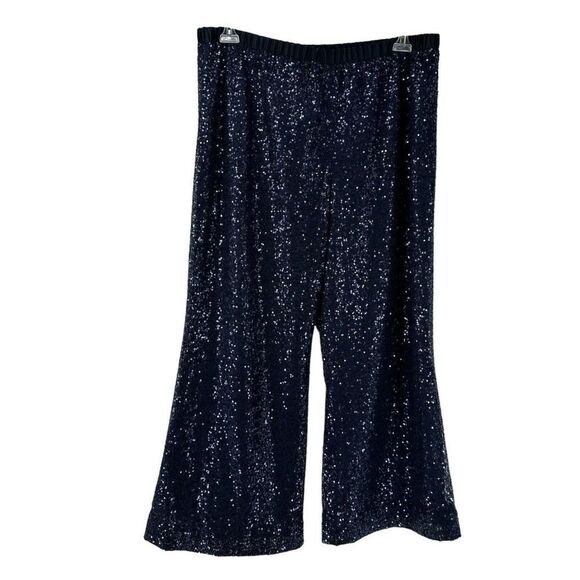 Tahari Luxe Sequin Pants Navy Blue Womens Size 14 Elastic Waist Wide Leg Formal - Picture 1 of 11